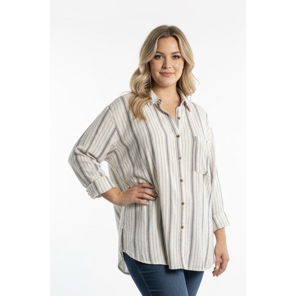 Universal Thread Linen Tunic Womens Size 1X Cream‎ Striped Relaxed Beachy Top